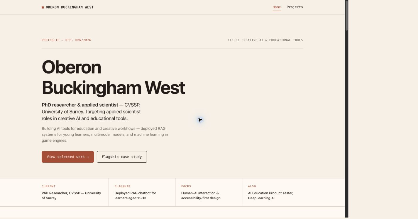 Oberon Buckingham West's live portfolio homepage